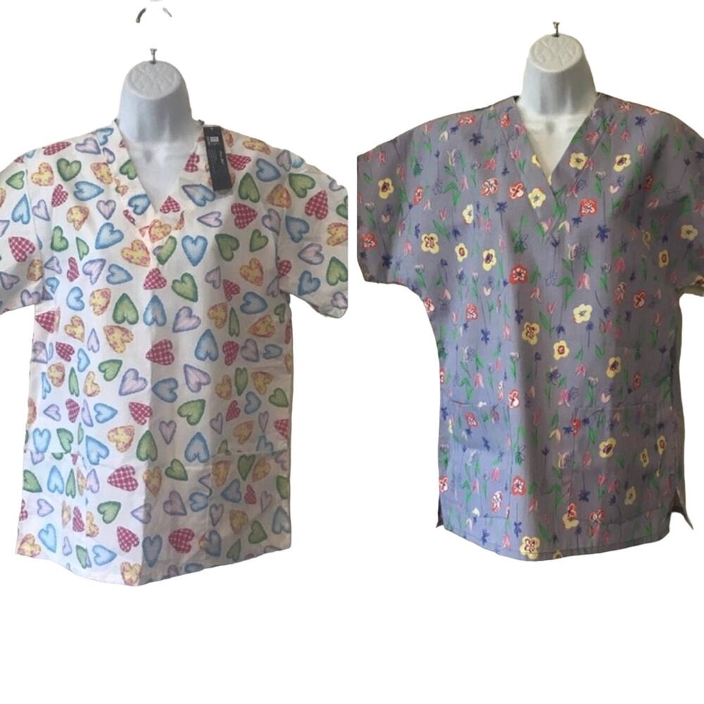 NEW 2 pc Hearts Flowers Scrub Tops sz small Made in USA